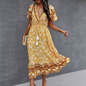 Boho Yellow Floral Print Butterfly Sleeve Midi Dress Cottagecore